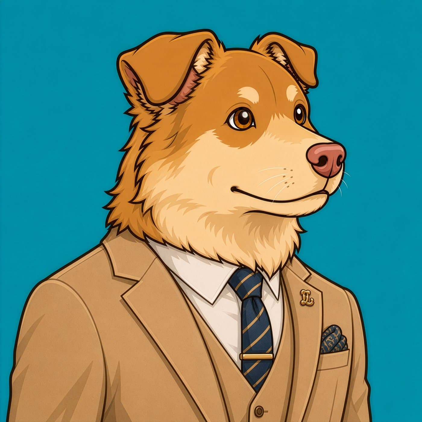 Lucky Manager: Lucky the dog in a tan three-piece suit and a striped tie